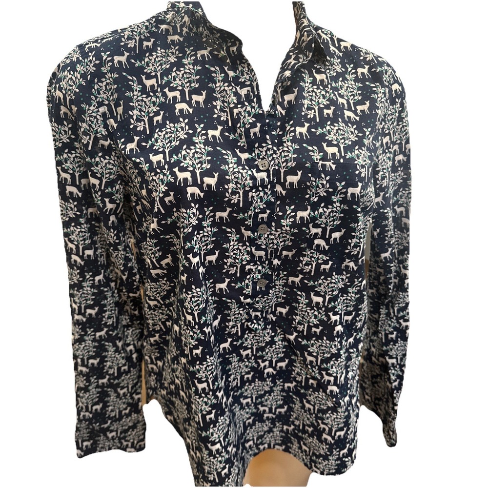 J CREW popover top small Navy Blue WOODLAND DEER Long Sleeve Collared EC